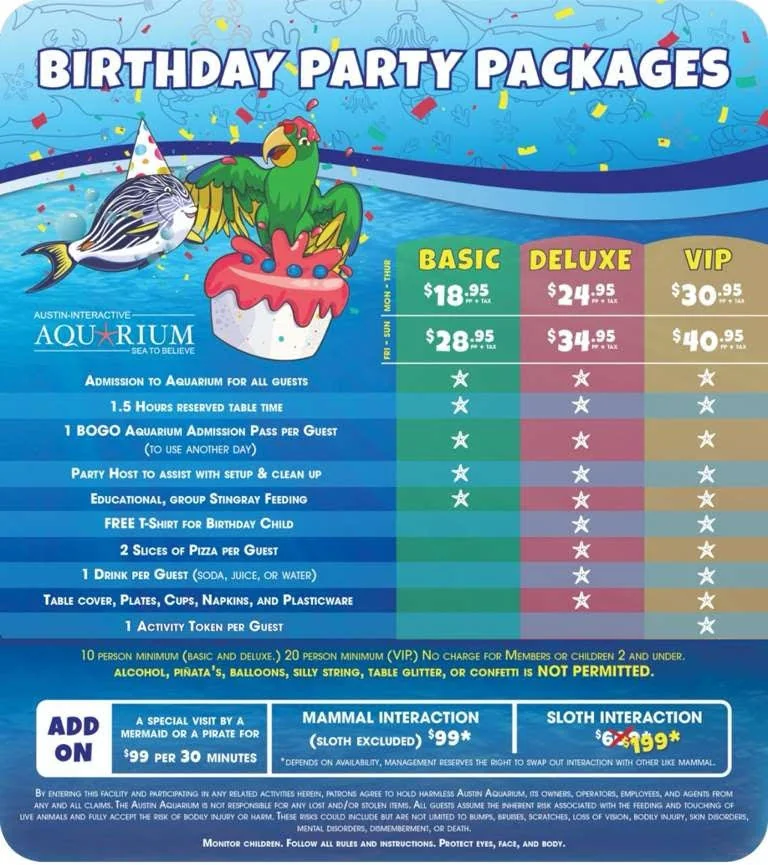 Austin Aquarium birthday party package pricing chart